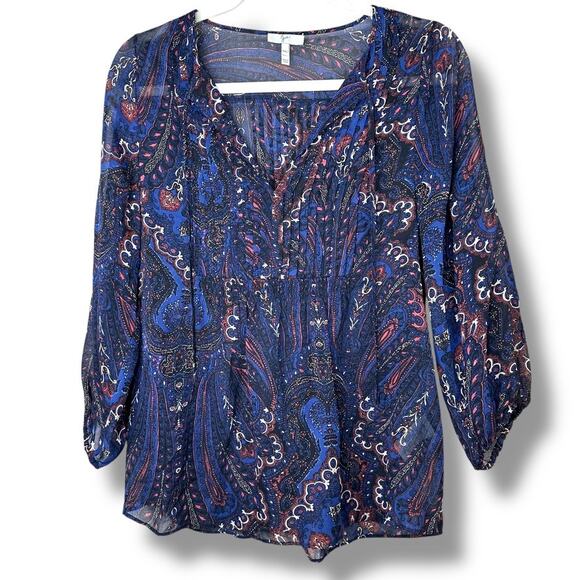 JOIE NWOT Vandrea Deep Sapphire Paisley Print Sheet Crepe Georgette Blouse XXS - Picture 2 of 7